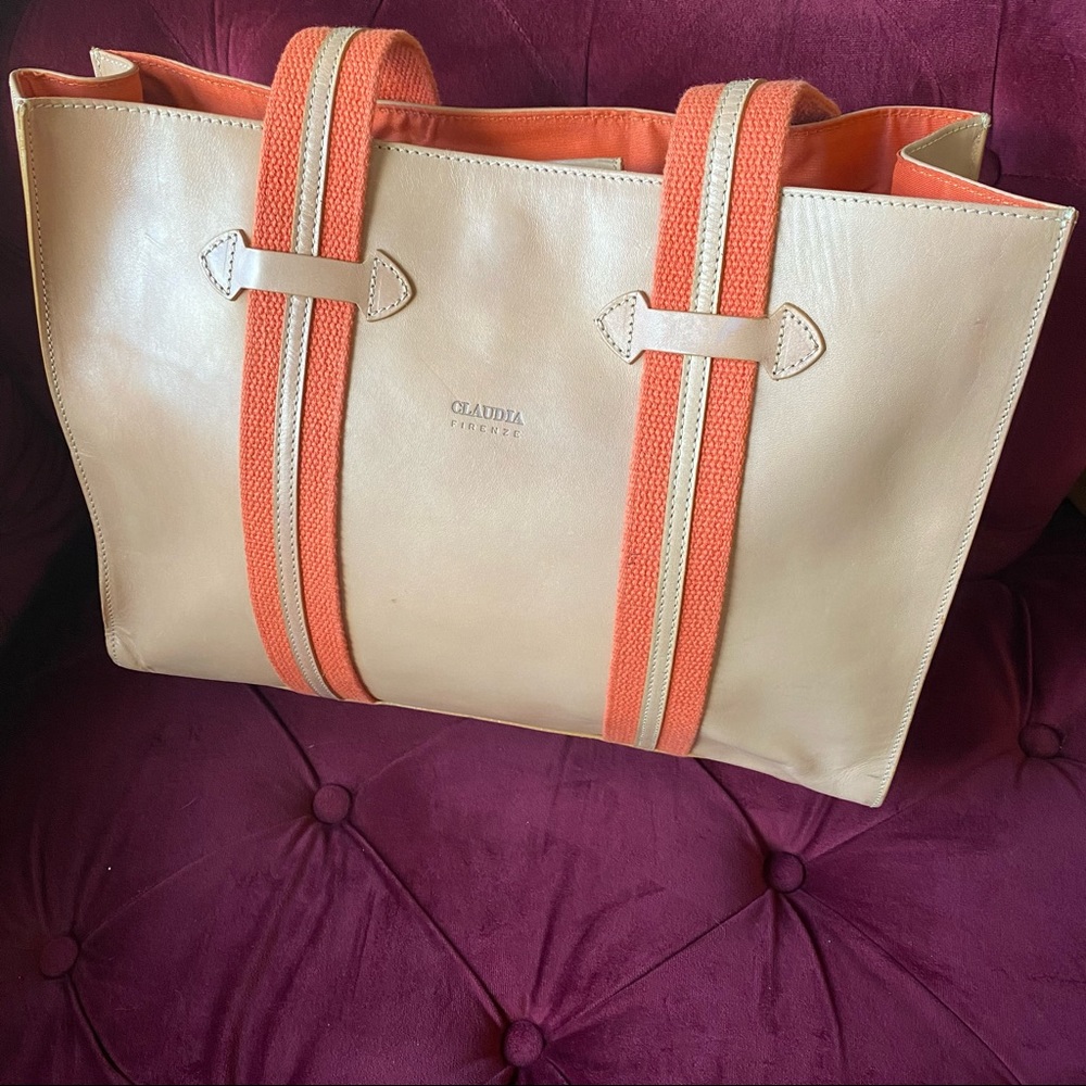 Claudia Firenze Vintage Cream Tan and Orange Leather Handbag Tote